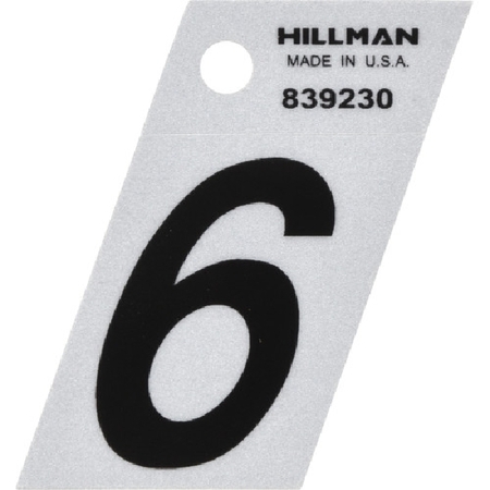 HILLMAN Angle-Cut Number, Character: 6, 1-1/2 in H Character, Black Character, Silver Background, Mylar 839230